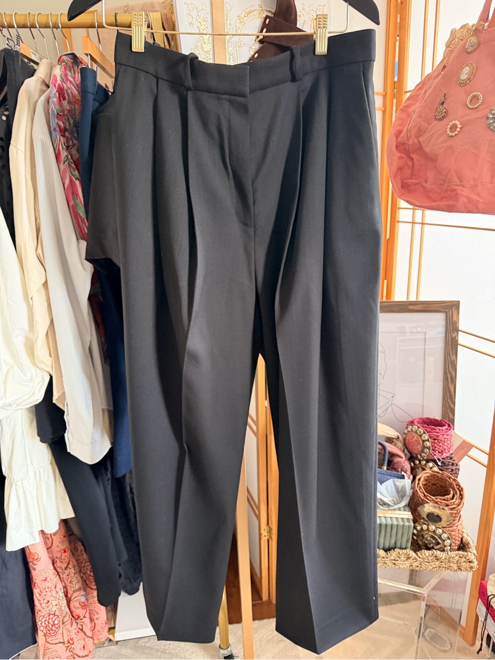 COS Black High Rise Pleated Tapered Trousers Wool Blend Size US 10